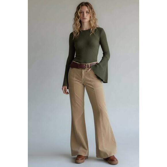 Vintage Y2K Bisou-Bisou corduroy Bell Bottom low waisted Pants 8 Tan - Picture 1 of 8